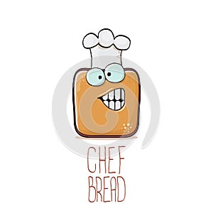 Vector funky cartoon smiling toast bread chef character with white chef hat isolated on white background. Bakery or kids