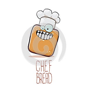 Vector funky cartoon smiling toast bread chef character with white chef hat isolated on white background. Bakery or kids