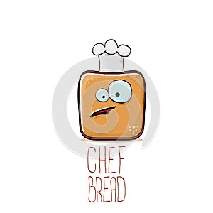 Vector funky cartoon smiling toast bread chef character with white chef hat isolated on white background. Bakery or kids