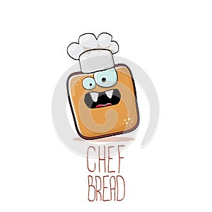 Vector funky cartoon smiling toast bread chef character with white chef hat isolated on white background. Bakery or kids