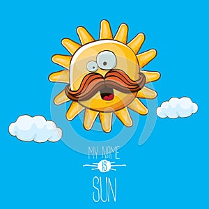 Vector funky cartoon style summer sun character on blue sky background. My name is sun concept illustration. funky kids