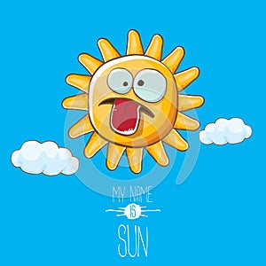 Vector funky cartoon style summer sun character on blue sky background. My name is sun concept illustration. funky kids