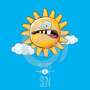 Vector funky cartoon style summer sun character on blue sky background. My name is sun concept illustration. funky kids