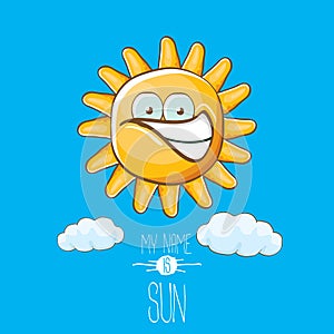 Vector funky cartoon style summer sun character on blue sky background. My name is sun concept illustration. funky kids