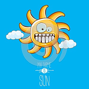 Vector funky cartoon style summer sun character on blue sky background. My name is sun concept illustration. funky kids