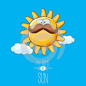 Vector funky cartoon style summer sun character on blue sky background. My name is sun concept illustration. funky kids