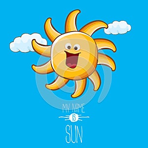 Vector funky cartoon style summer sun character on blue sky background. My name is sun concept illustration. funky kids