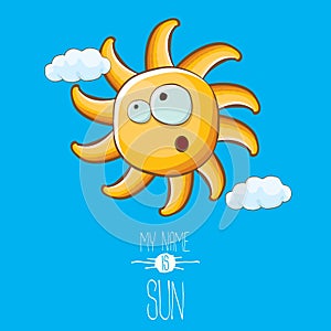 Vector funky cartoon style summer sun character on blue sky background. My name is sun concept illustration. funky kids