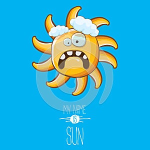 Vector funky cartoon style summer sun character on blue sky background. My name is sun concept illustration. funky kids