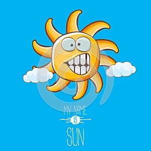 Vector funky cartoon style summer sun character on blue sky background. My name is sun concept illustration. funky kids