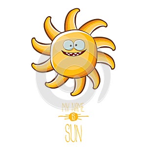 Vector funky cartoon style summer sun character isolated on white background. My name is sun concept illustration. funky