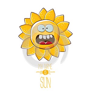 Vector funky cartoon style summer sun character isolated on white background. My name is sun concept illustration. funky