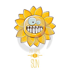 Vector funky cartoon style summer sun character isolated on white background. My name is sun concept illustration. funky