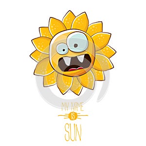 Vector funky cartoon style summer sun character isolated on white background. My name is sun concept illustration. funky