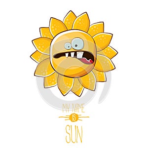 Vector funky cartoon style summer sun character isolated on white background. My name is sun concept illustration. funky