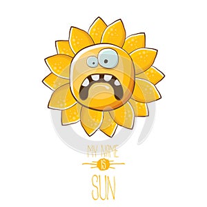 Vector funky cartoon style summer sun character isolated on white background. My name is sun concept illustration. funky