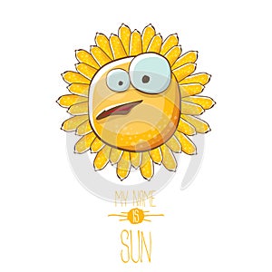 Vector funky cartoon style summer sun character isolated on white background. My name is sun concept illustration. funky