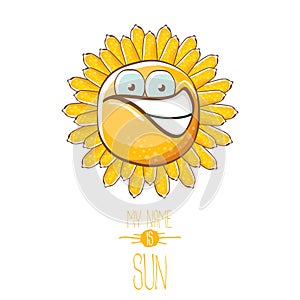 Vector funky cartoon style summer sun character isolated on white background. My name is sun concept illustration. funky