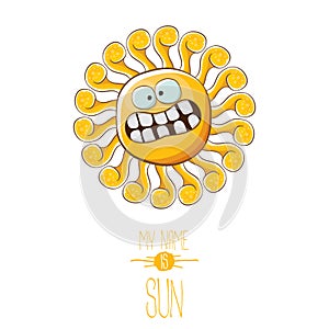 Vector funky cartoon style summer sun character isolated on white background. My name is sun concept illustration. funky