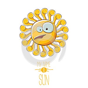 Vector funky cartoon style summer sun character isolated on white background. My name is sun concept illustration. funky