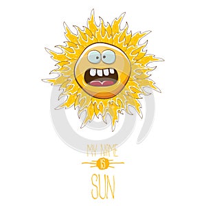 Vector funky cartoon style summer sun character isolated on white background. My name is sun concept illustration. funky