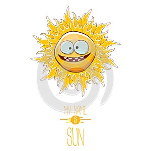 Vector funky cartoon style summer sun character isolated on white background. My name is sun concept illustration. funky