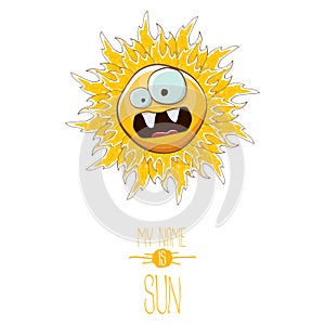 Vector funky cartoon style summer sun character isolated on white background. My name is sun concept illustration. funky