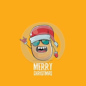 Vector funky comic cartoon cute brown smiling santa claus potato with red santa hat and calligraphic merry christmas