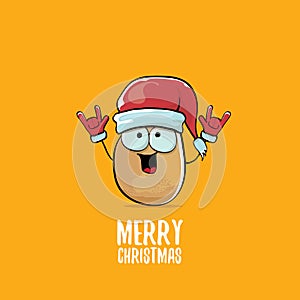 Vector funky comic cartoon cute brown smiling santa claus potato with red santa hat and calligraphic merry christmas