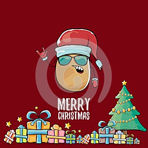 Vector funky comic cartoon cute brown smiling santa claus potato with red santa hat, gifts, tree and calligraphic merry