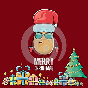 Vector funky comic cartoon cute brown smiling santa claus potato with red santa hat, gifts, tree and calligraphic merry