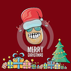 Vector funky comic cartoon cute brown smiling santa claus potato with red santa hat, gifts, tree and calligraphic merry