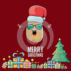 Vector funky comic cartoon cute brown smiling santa claus potato with red santa hat, gifts, tree and calligraphic merry