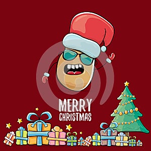 Vector funky comic cartoon cute brown smiling santa claus potato with red santa hat, gifts, tree and calligraphic merry
