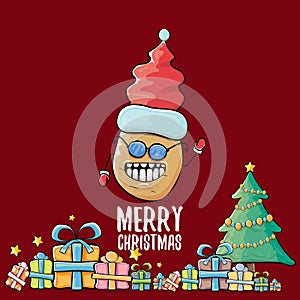 Vector funky comic cartoon cute brown smiling santa claus potato with red santa hat, gifts, tree and calligraphic merry