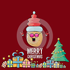 Vector funky comic cartoon cute brown smiling santa claus potato with red santa hat, gifts, tree and calligraphic merry