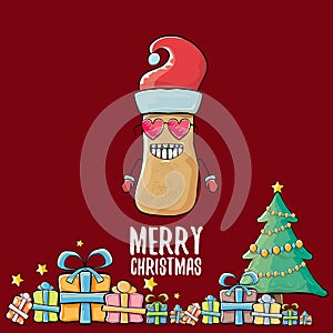 Vector funky comic cartoon cute brown smiling santa claus potato with red santa hat, gifts, tree and calligraphic merry