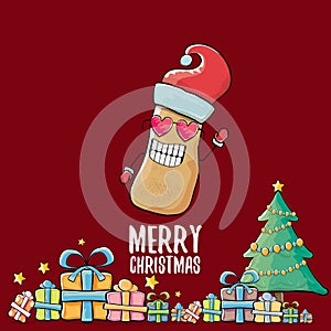 Vector funky comic cartoon cute brown smiling santa claus potato with red santa hat, gifts, tree and calligraphic merry