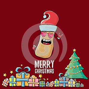 Vector funky comic cartoon cute brown smiling santa claus potato with red santa hat, gifts, tree and calligraphic merry