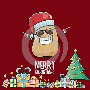 Vector funky comic cartoon cute brown smiling santa claus potato with red santa hat, gifts, tree and calligraphic merry