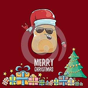 Vector funky comic cartoon cute brown smiling santa claus potato with red santa hat, gifts, tree and calligraphic merry