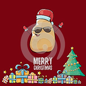 Vector funky comic cartoon cute brown smiling santa claus potato with red santa hat, gifts, tree and calligraphic merry