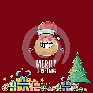 Vector funky comic cartoon cute brown smiling santa claus potato with red santa hat, gifts, tree and calligraphic merry