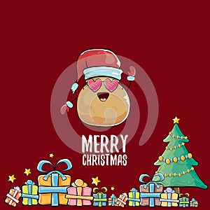 Vector funky comic cartoon cute brown smiling santa claus potato with red santa hat, gifts, tree and calligraphic merry