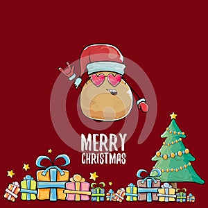 Vector funky comic cartoon cute brown smiling santa claus potato with red santa hat, gifts, tree and calligraphic merry