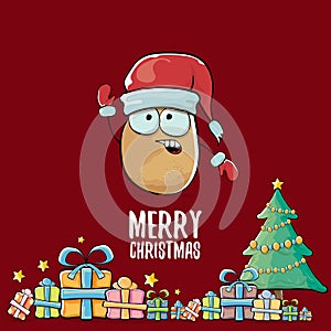 Vector funky comic cartoon cute brown smiling santa claus potato with red santa hat, gifts, tree and calligraphic merry