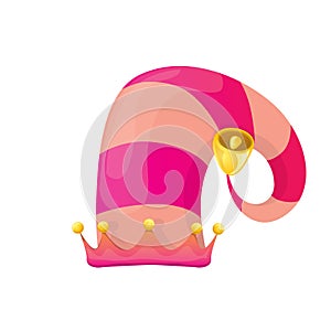 Vector funky pink stripped cartoon christmas elf hat isolated on white background. vector kids colorful elf hat icon or