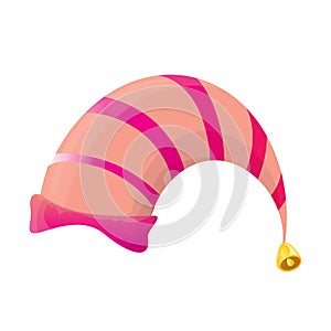 Vector funky pink stripped cartoon christmas elf hat isolated on white background. vector kids colorful elf hat icon or