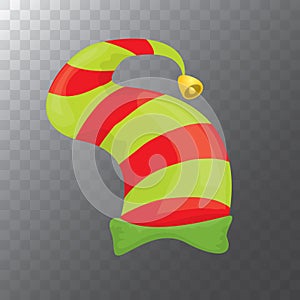 Vector funky red and green stripped cartoon christmas elf hat isolated on transparent background. vector kids colorful