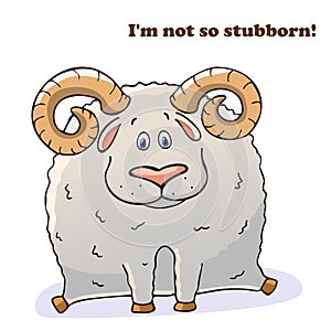 Vector funny animal. Thick cute sheep with horns. Postcard with a comic phrase. Cute fat animal. Isolated object on white